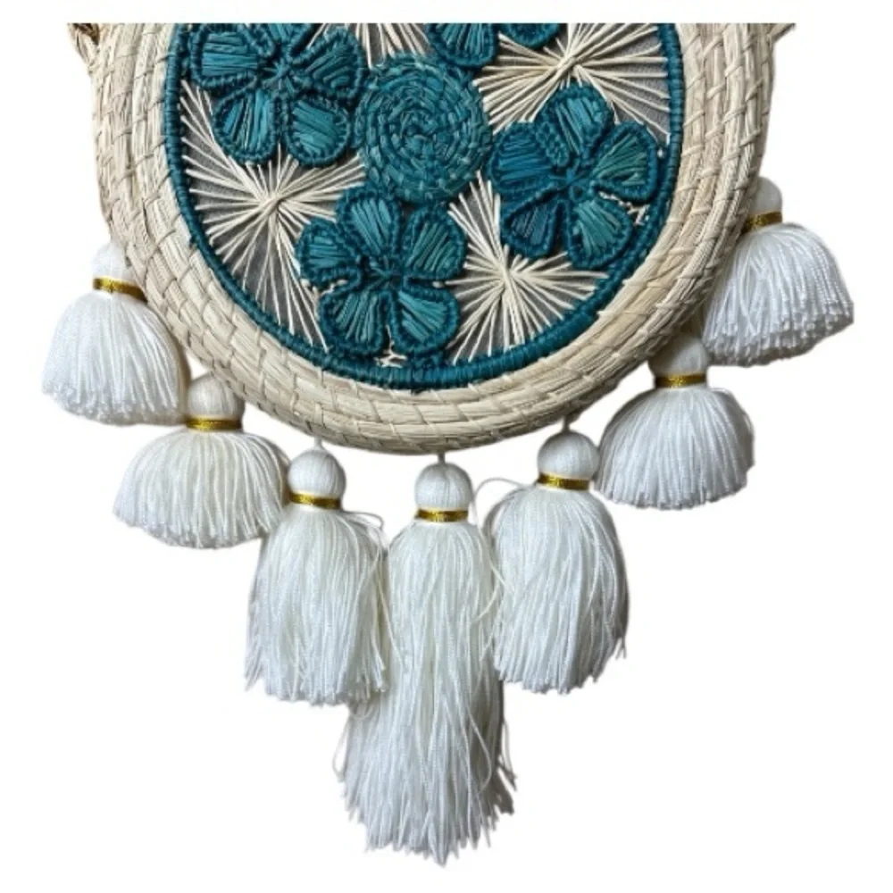 Boho Round Woven Crossbody Bag with Tassels | Teal Embroidery